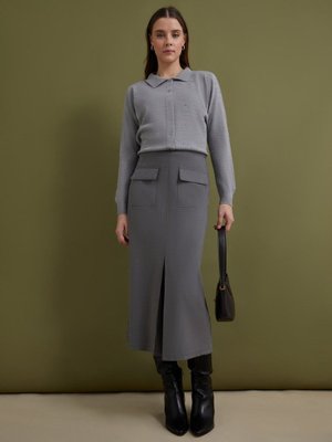 Cep Detaylı Kalem Etek Gri