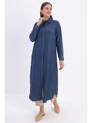 Koyu Mavi Denim Uzun Gömlek Tunik Koyu Mavi Denim Uzun Gömlek Tunik