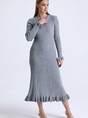Gri Fitilli Fırfırlı Triko Elbise