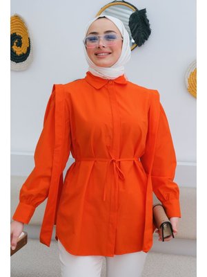 Turuncu Pile Detay Önü Gizli Düğmeli Gömlek