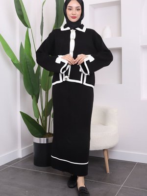 Siyah Fiyonklu Hırka Etekli Triko Takım