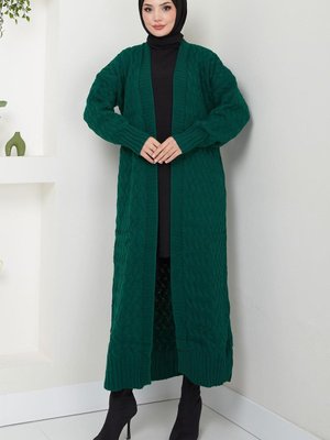 Sepet Örgülü Düğmesiz Uzun Triko Hırka Zümrüt