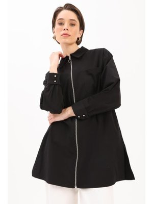 Siyah Fermuarlı Manşeti Dubleli Gömlek Tunik