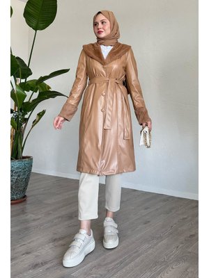 Kürk Detaylı Camel Deri Trençkot