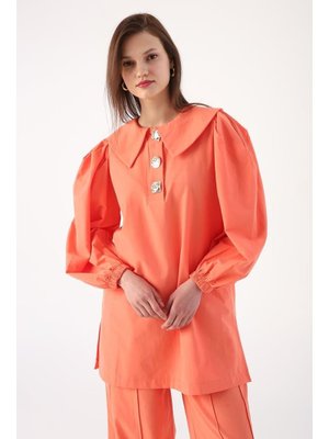 Turuncu Gold Düğmeli Büyük Yakalı Pantolonlu Takım