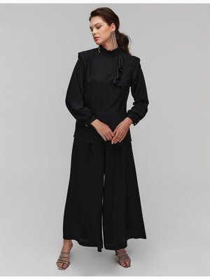 Fırfır Yaka Crinkle Siyah Bluz