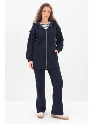 Lacivert Kolu Patlı Kapşonlu Pantolonlu Takım