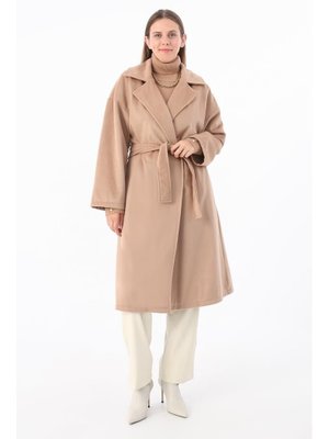 Koyu Bej Kruvaze Yaka Kuşaklı Kaşe Kaban