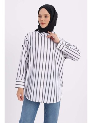 Arkası Yırtmaçlı Aparturalı Çizgili Gömlek Beyaz Siyah