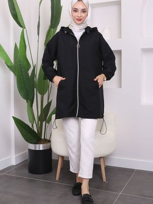 Siyah Kapüşonlu Fermuarlı Trençkot Siyah Kapüşonlu Fermuarlı Trençkot