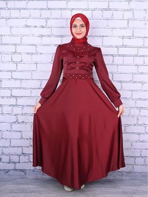 Bordo Çocuk Saten Kumaş Abiye Elbise