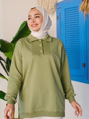 Kumaş Düğme Detay Tunik Fıstık Yeşil Kumaş Düğme Detay Tunik Fıstık Yeşil