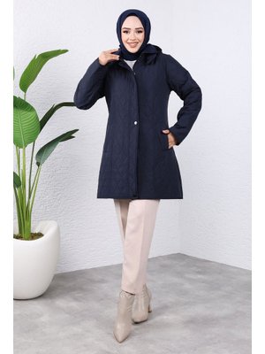 Lacivert İçi Velbua Kaplı Kapüşonlu Kapitone Mont