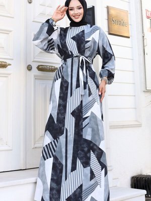 Geometrik Desenli Beli Kuşaklı Viskon Elbise Gri