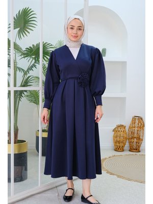 Lacivert Gül Kemerli Elbise Lacivert Gül Kemerli Elbise