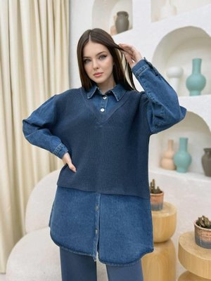 Premium Kalite Detaylı Denim Gömlek Triko Pantolon İkili Takım