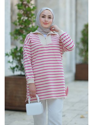 Fuşya Önü Fermuarlı Çizgili Sweat