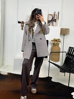 Acı Kahve Ekru Zr Model Balıksırtı Çizgili Kaşe Kaban