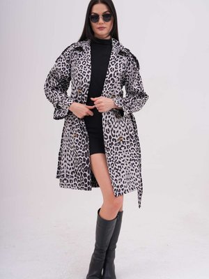 Leopar Desenli Kuşaklı Düğmeli Trençkot