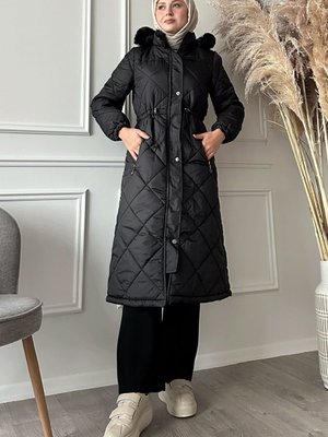 Beli Büzgülü Kapitone Mont Siyah