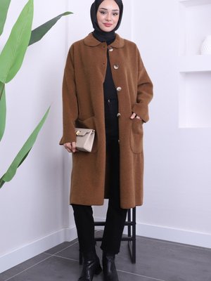 Kahverengi Angora Düğmeli Oversize Kaban Kahverengi Angora Düğmeli Oversize Kaban