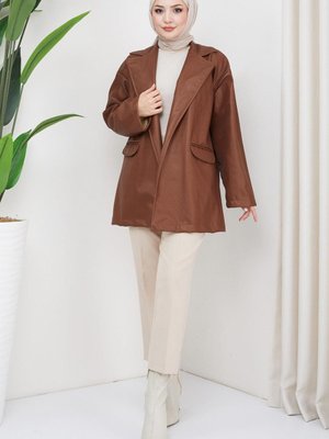 Sim Görünümlü Suni Deri Ceket Taba Sim Görünümlü Suni Deri Ceket Taba