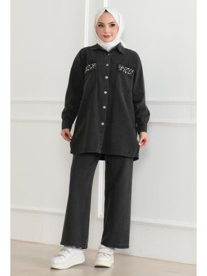 Füme Düğmeli Taş Detaylı Kot Takım