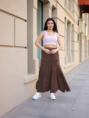 Kahverengi Bohem Yıkamalı Parçalı Beli Lastikli Astarlı Koton Uzun Etek