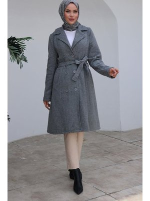 Gri Düğme Detaylı Kaşe Kaban