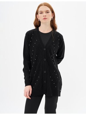 Taş İşlemeli Triko Hırka Siyah