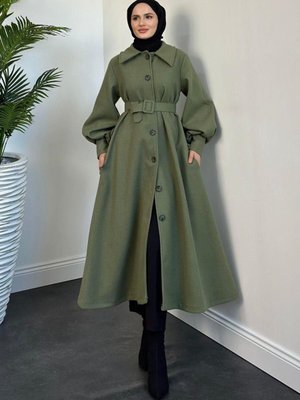 Valery Kolu Manşetli Kemerli Astarlı Kaşe Kaban Haki Valery Kolu Manşetli Kemerli Astarlı Kaşe Kaban Haki