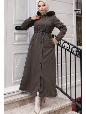 Haki İçi Peluşlu Yakası Kürklü Uzun Bondit Mont