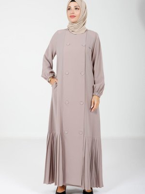 Bej Düğmeli Yandan Cepli Pliseli Ferace