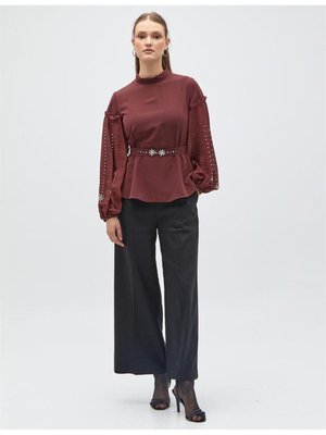 Taşlı Kuşaklı Bronze Brown Bluz