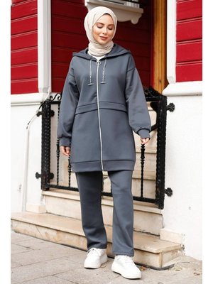 Füme Zincir Detaylı Tunik Pantolon Scuba İkili Takım