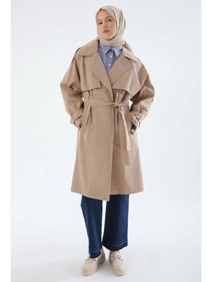Bej Kemerli Çıtçıtlı Oversize Trençkot