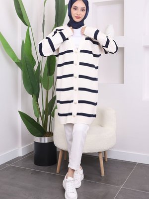 Krem Lacivert Çizgili Gofralı Uzun Triko Hırka