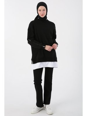 Siyah Kolları Fermuarlı Dokuma Garnili Oversize Sweat Tunik