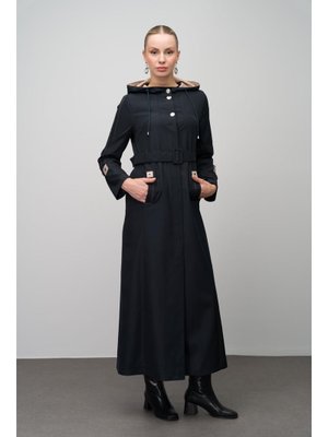 Lacivert Kapüşonlu Garni Detaylı Astarlı Trenç Pardesü