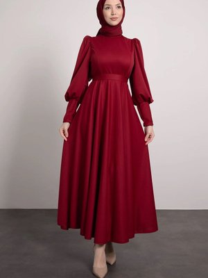 Balon Kol Pile Etek Detaylı Elbise