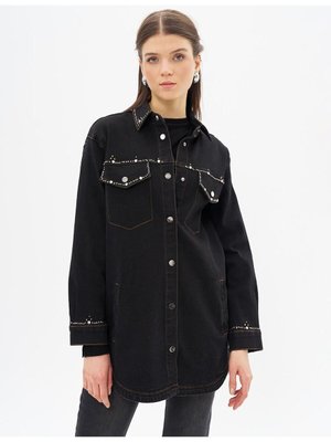 İşlemeli Denim Ceket Siyah