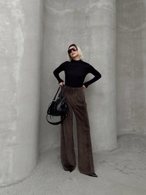 Beli Lastikli Bol Paça Kadife Pantolon Kahve