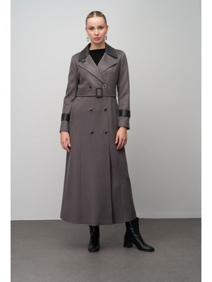 Gri Kruvaze Deri Garnili Gabardin Süet Görünümlü Pardesü