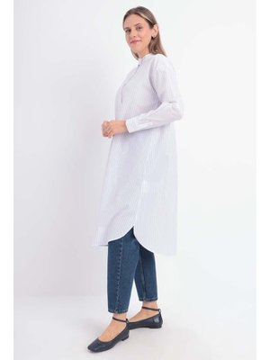 Pamuklu Çizgili Poplin Gömlek Tunik Beyaz Mavi Pamuklu Çizgili Poplin Gömlek Tunik Beyaz Mavi
