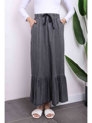 Antrasit Ucu Katlı Kot Etek