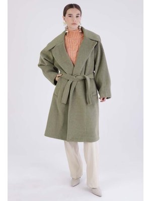 Yeşil Oversize Kuşaklı Kaşe Kaban