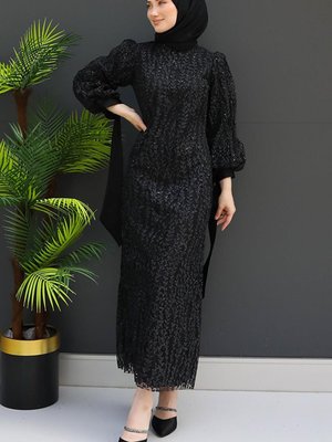 Tül İşleme Kalem Abiye Elbise Siyah Tül İşleme Kalem Abiye Elbise Siyah