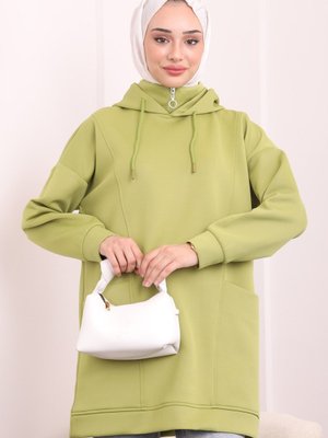 Yağ Yeşili Kapüşonlu Cepli Scuba Sweatshirt Yağ Yeşili Kapüşonlu Cepli Scuba Sweatshirt