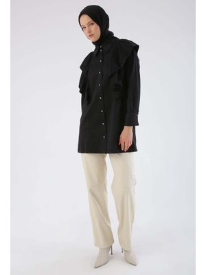 Siyah Taş Düşmeli Volanlı Saten Gömlek Tunik