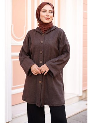Kahve Kapüşonlu Triko Kap